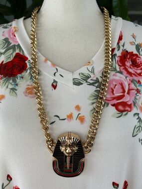 Gold-Tone Egyptian Pharaoh Pendant Necklace with Black & Red Enamel
